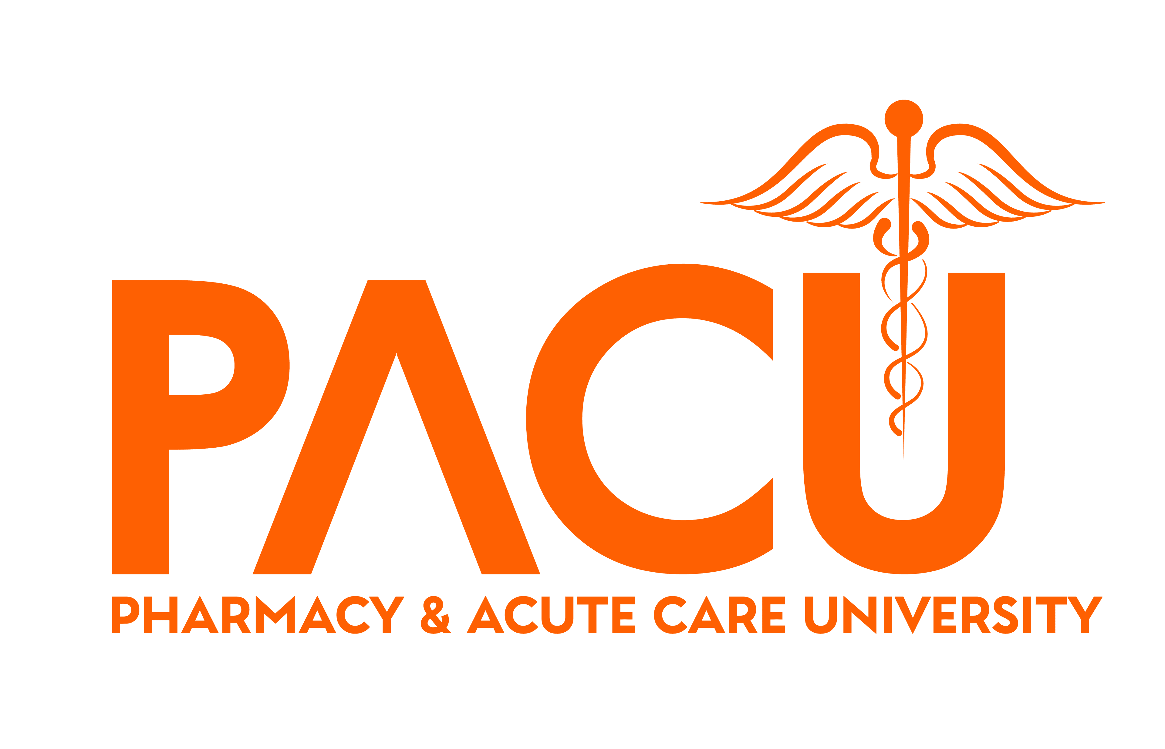 Orange PACU wordmark for Pharmacy & Acute Care University with a medical caduceus integrated into the letter U.